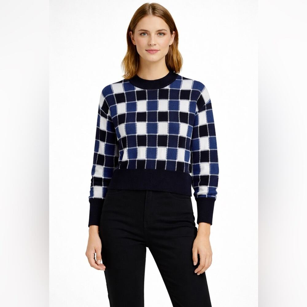BOSS Hugo‎ Boss Blue Check Knit Sweater Geometric Plaid Pullover Women’s